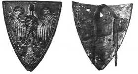 Рис. 15. Рыцарский щит из Зиттена с гербом баронов фон Рарон. Около 1300 года. Оригинал в кантональном археологическом музее Валерия; Зиттен.